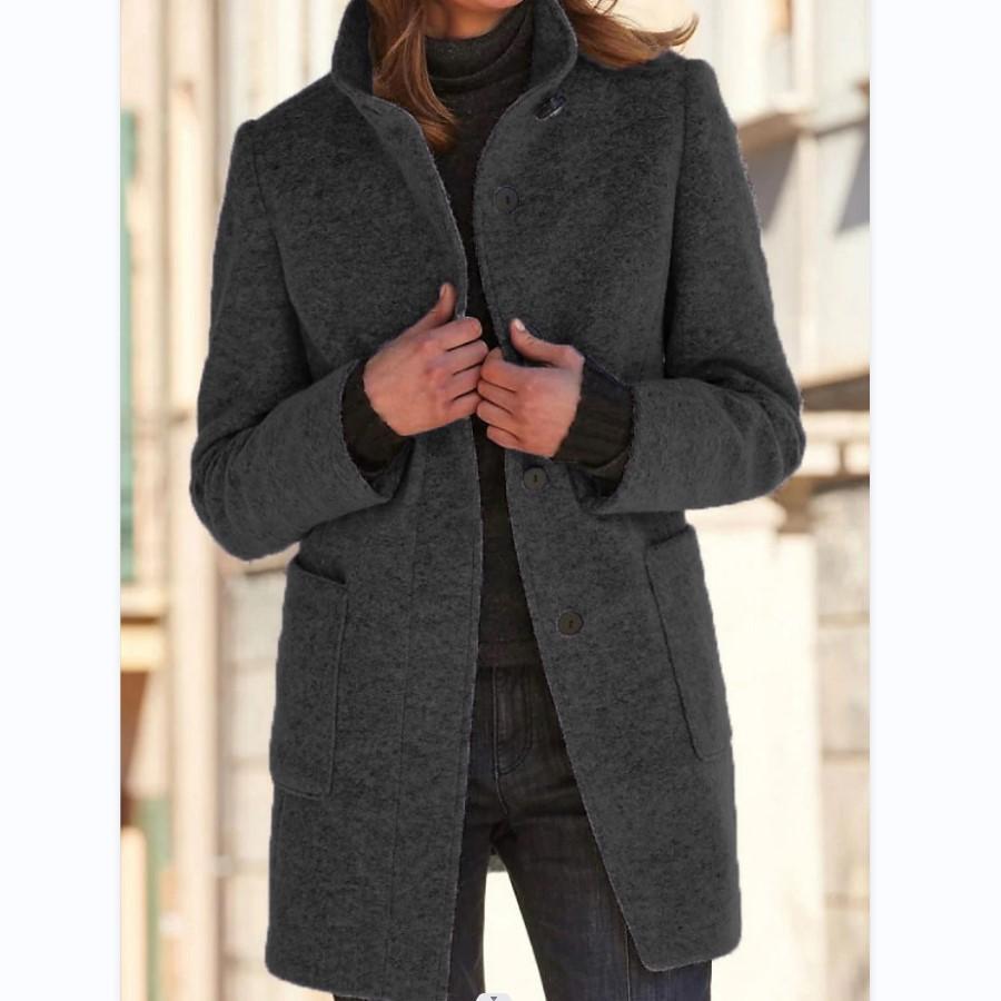 Wool Blend Coat Women's Stand Collar Button Front Long Jacket Gray – Casual, Office, Winter