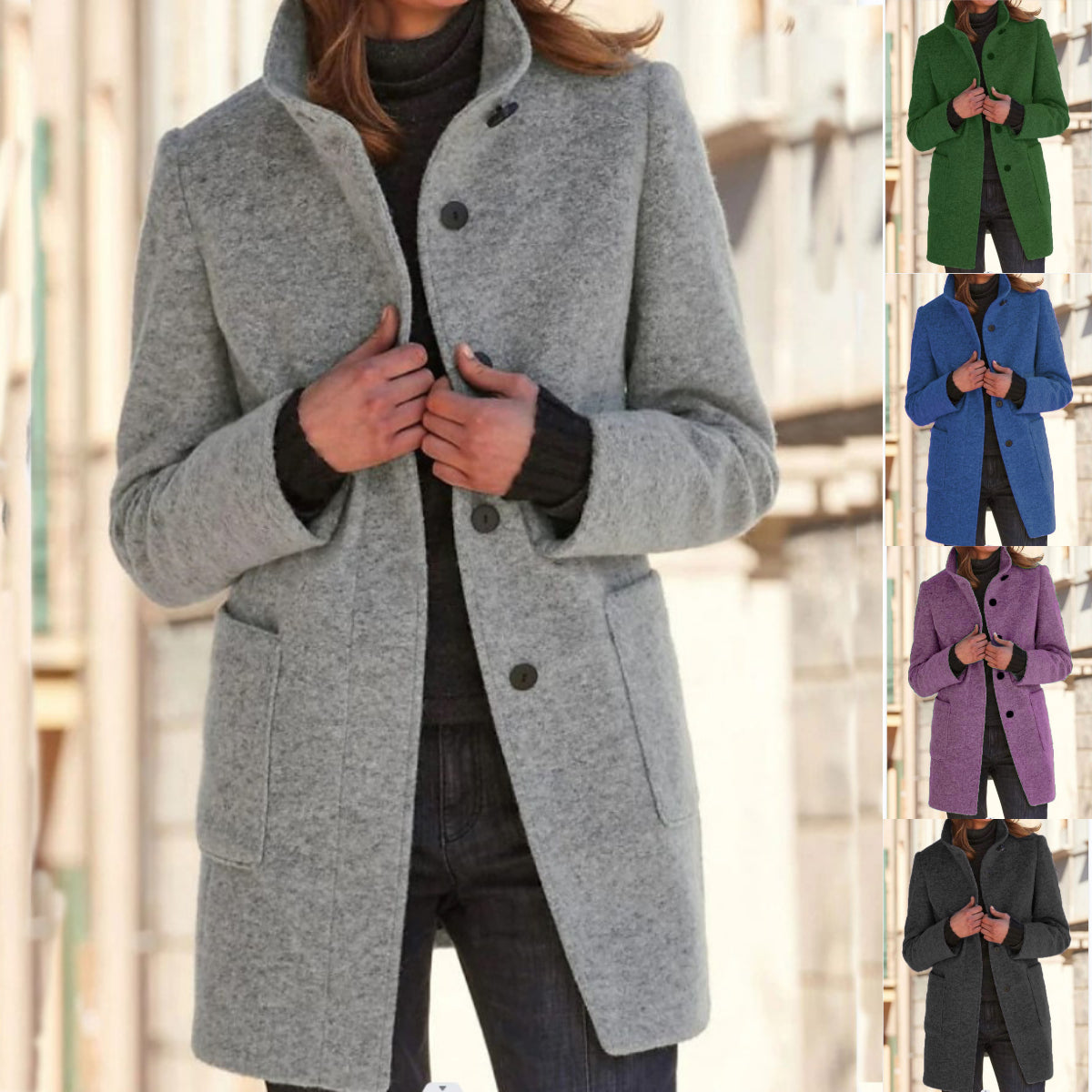 Wool Blend Coat Women's Stand Collar Button Front Long Jacket Gray – Casual, Office, Winter