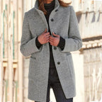 Wool Blend Coat Women's Stand Collar Button Front Long Jacket Gray – Casual, Office, Winter