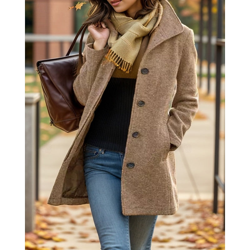 Wool Blend Coat Women's Turndown Collar Single-Breasted Jacket – Casual, Office · Faylori
