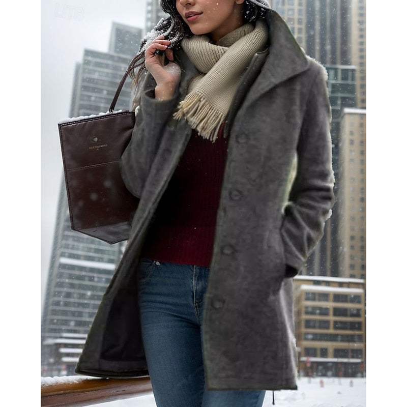Wool Blend Coat Women's Turndown Collar Single-Breasted Jacket – Casual, Office · Faylori