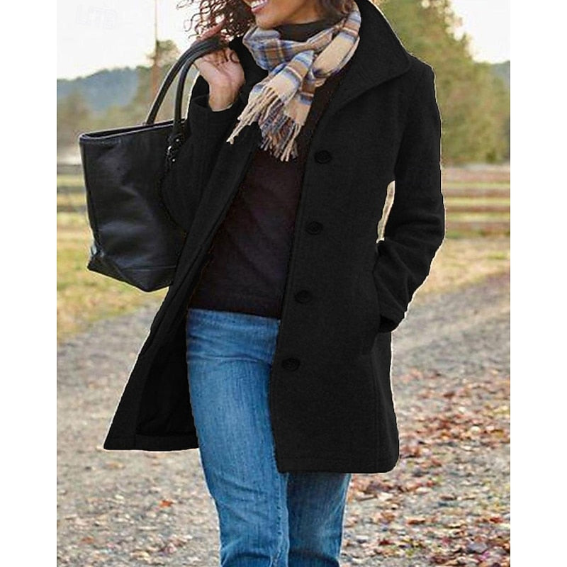 Wool Blend Coat Women's Turndown Collar Single-Breasted Jacket – Casual, Office · Faylori