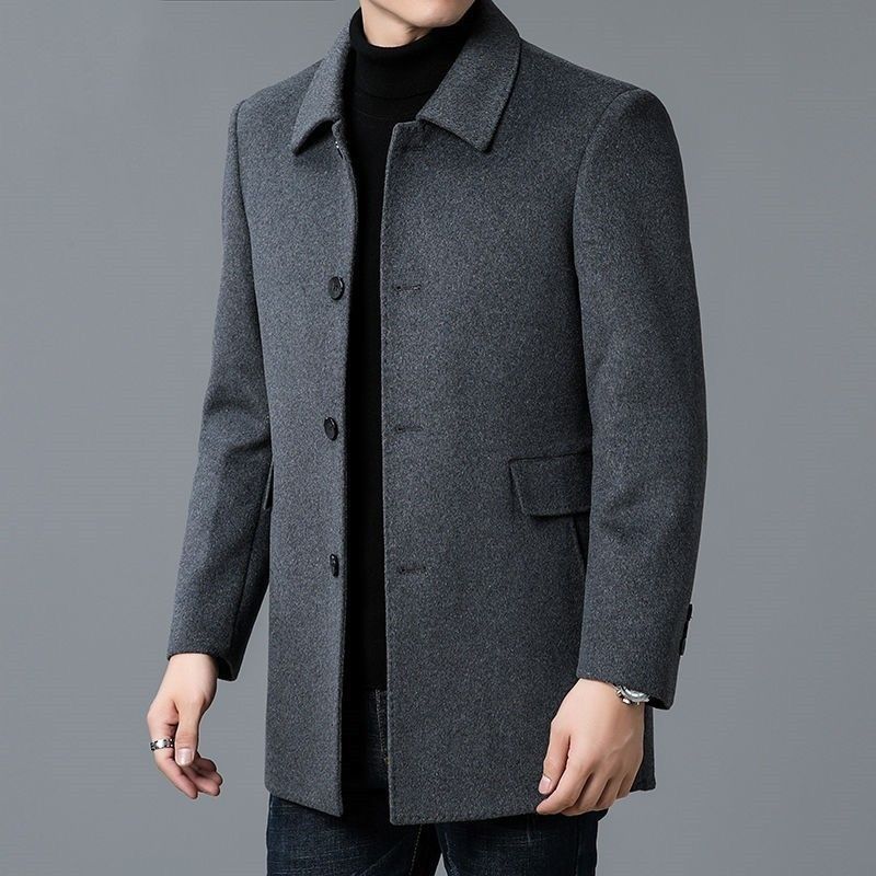 Wool Blend Overcoat Men's Gray Notched Collar Single-Breasted Jacket – Casual, Office, Winter, Gift
