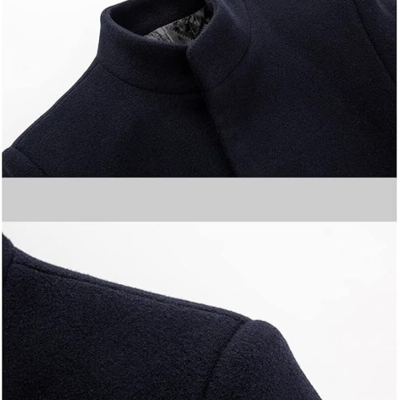 Wool Blend Trench Coat Men's Single-Breasted Stand Collar Navy – Office, Casual, Winter Gift