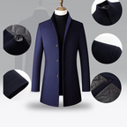 Wool Blend Trench Coat Men's Single-Breasted Stand Collar Navy – Office, Casual, Winter Gift