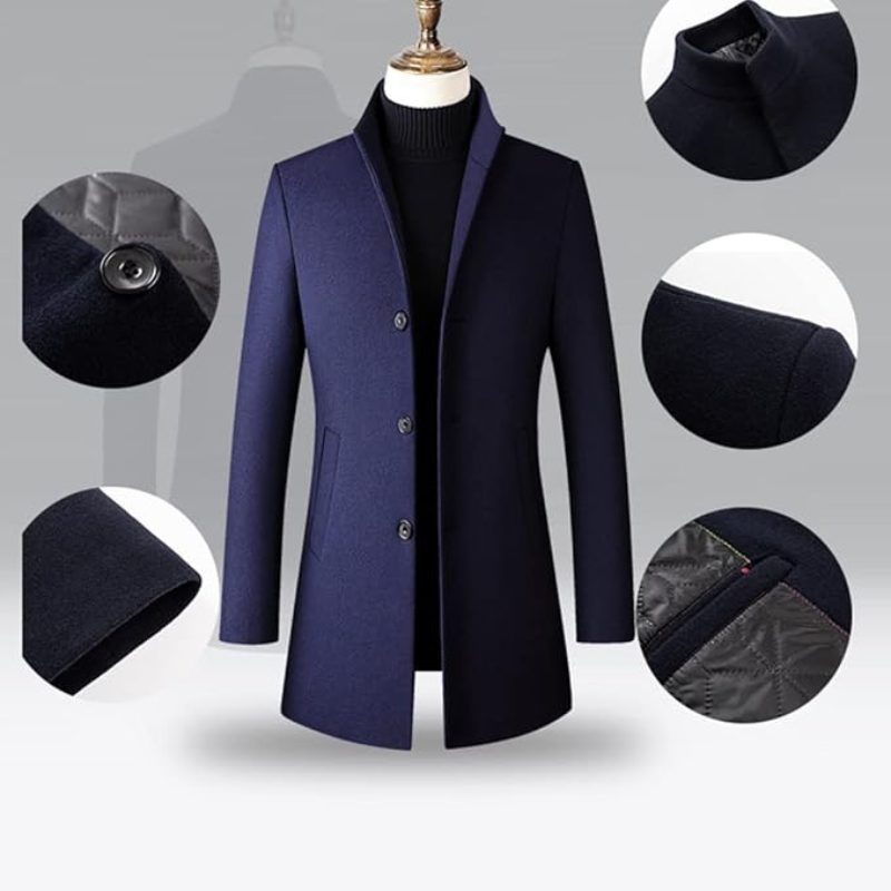 Wool Blend Trench Coat Men's Single-Breasted Stand Collar Navy – Office, Casual, Winter Gift