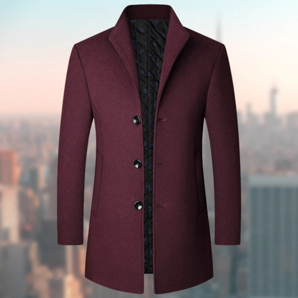 Wool Blend Trench Coat Men's Single-Breasted Stand Collar Navy – Office, Casual, Winter Gift