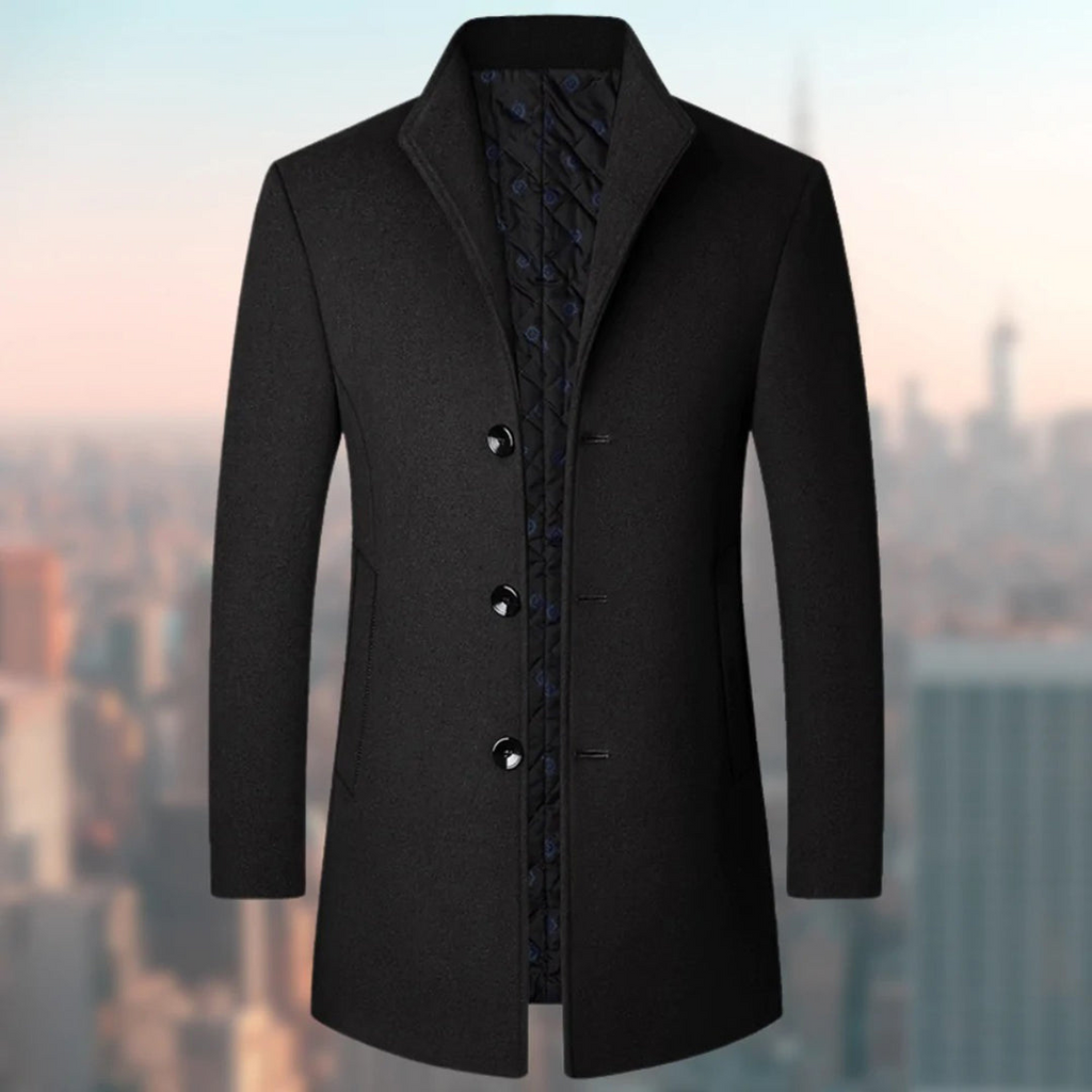 Wool Blend Trench Coat Men's Single-Breasted Stand Collar Navy – Office, Casual, Winter Gift