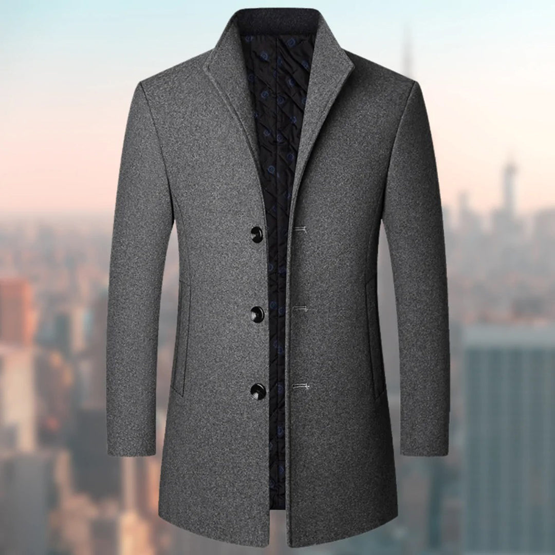 Wool Blend Trench Coat Men's Single-Breasted Stand Collar Navy – Office, Casual, Winter Gift