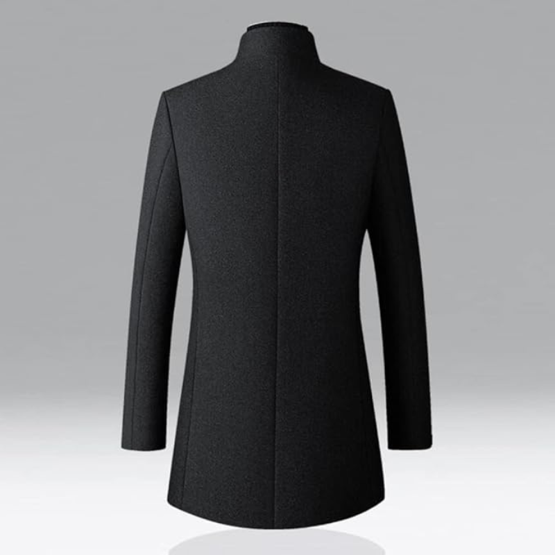 Wool Blend Trench Coat Men's Single-Breasted Stand Collar Navy – Office, Casual, Winter Gift