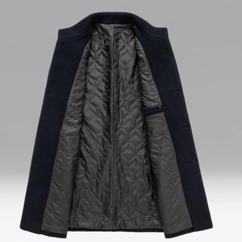 Wool Blend Trench Coat Men's Single-Breasted Stand Collar Navy – Office, Casual, Winter Gift