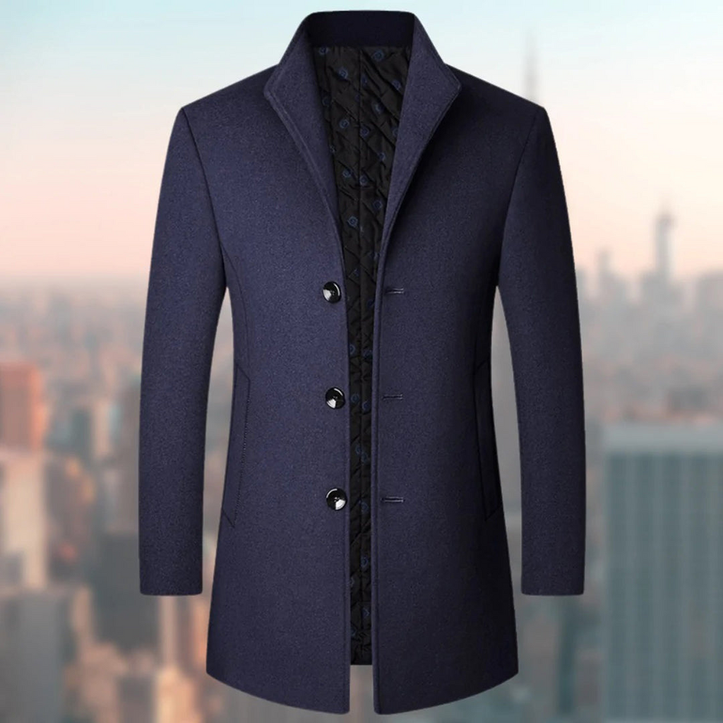 Wool Blend Trench Coat Men's Single-Breasted Stand Collar Navy – Office, Casual, Winter Gift