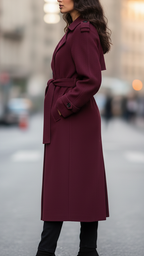 Wool Trench Coat Women's Long Belted Double-Breasted Burgundy – Office, Casual · Faylori