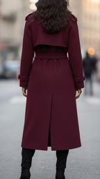 Wool Trench Coat Women's Long Belted Double-Breasted Burgundy – Office, Casual · Faylori