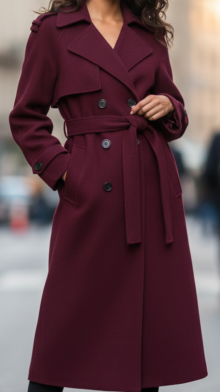 Wool Trench Coat Women's Long Belted Double-Breasted Burgundy – Office, Casual · Faylori