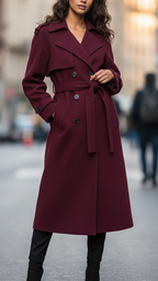 Wool Trench Coat Women's Long Belted Double-Breasted Burgundy – Office, Casual · Faylori