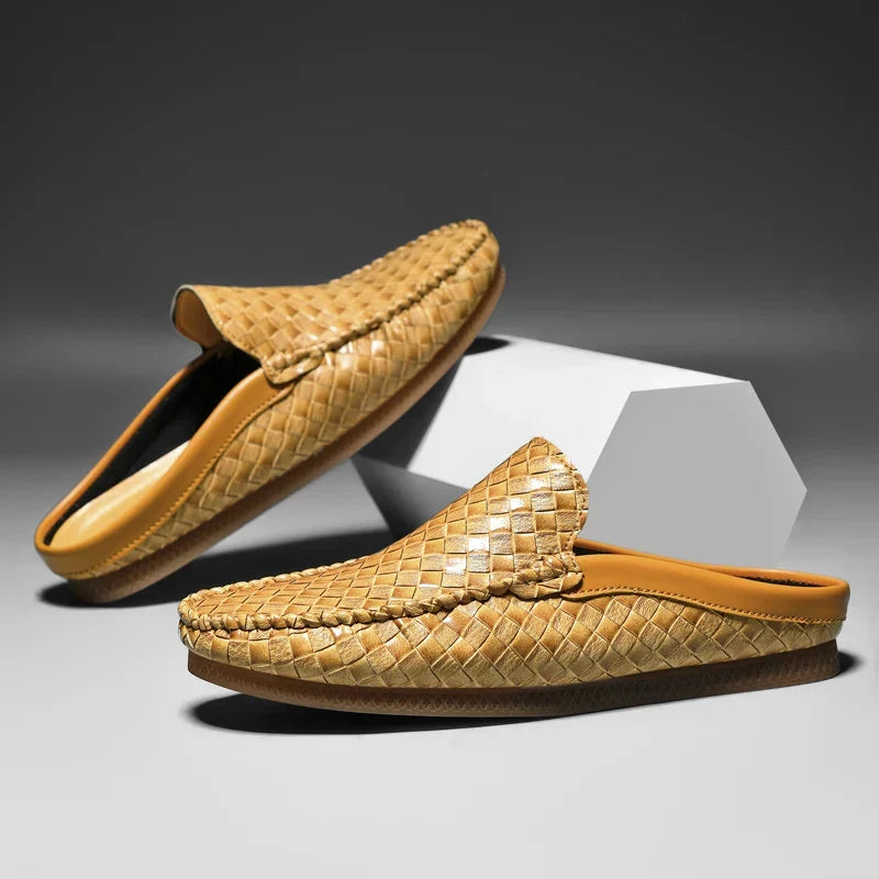 Woven Leather Half Loafer Mules Yellow Slip-On Men's Backless Shoes – Casual, Office