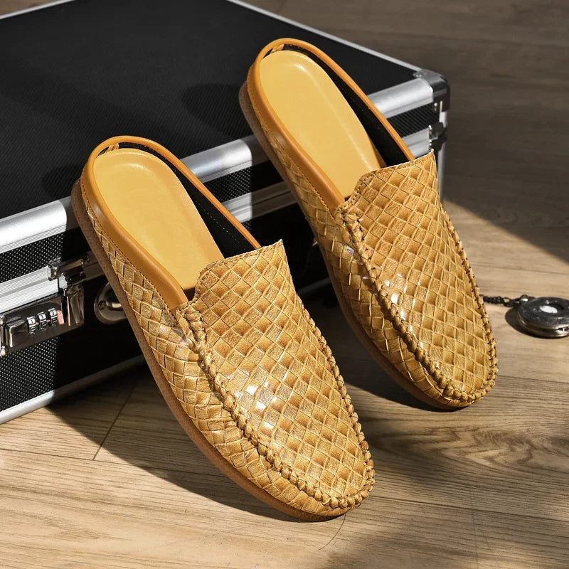 Woven Leather Half Loafer Mules Yellow Slip-On Men's Backless Shoes – Casual, Office