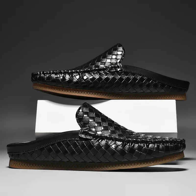 Woven Leather Half Loafer Mules Yellow Slip-On Men's Backless Shoes – Casual, Office