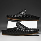 Woven Leather Half Loafer Mules Yellow Slip-On Men's Backless Shoes – Casual, Office