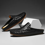 Woven Leather Half Loafer Mules Yellow Slip-On Men's Backless Shoes – Casual, Office