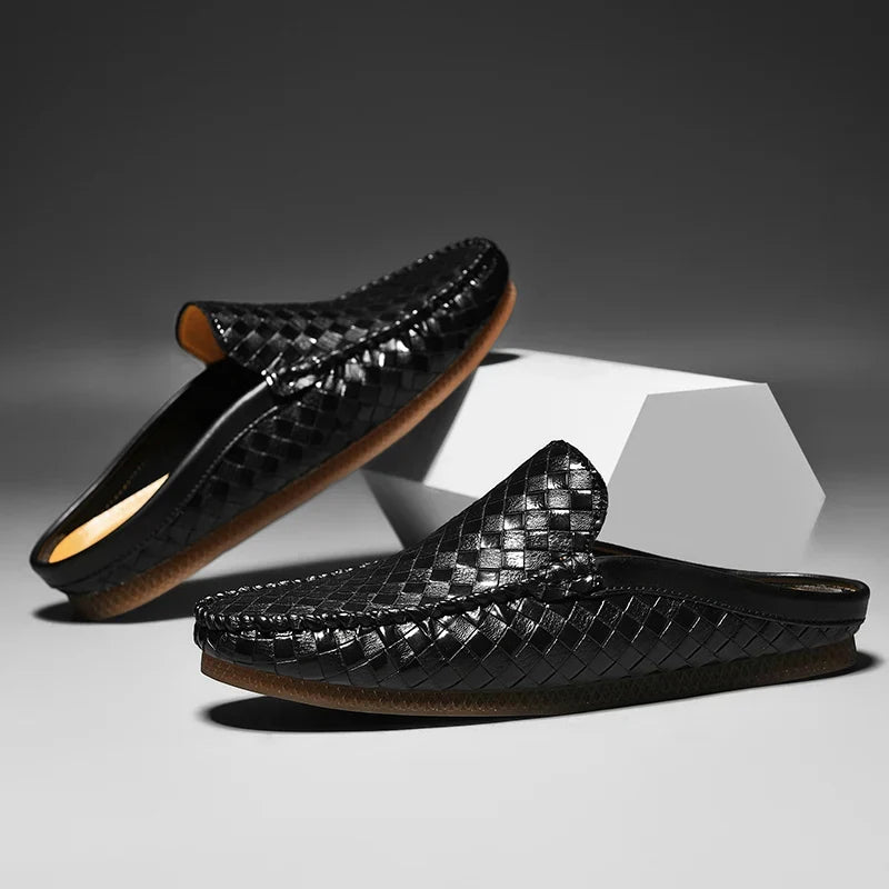 Woven Leather Half Loafer Mules Yellow Slip-On Men's Backless Shoes – Casual, Office