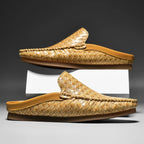 Woven Leather Half Loafer Mules Yellow Slip-On Men's Backless Shoes – Casual, Office