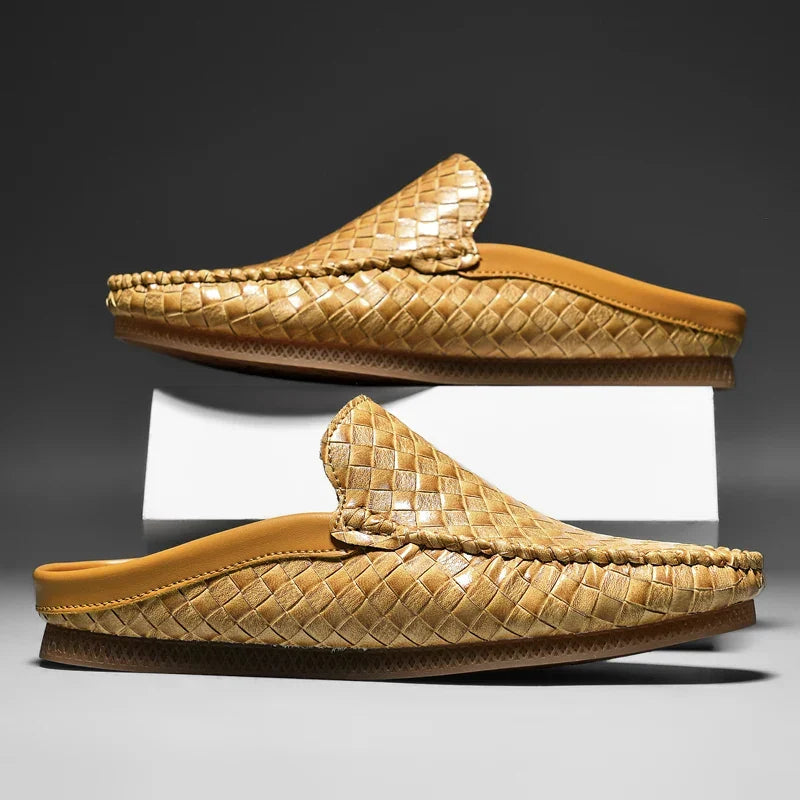 Woven Leather Half Loafer Mules Yellow Slip-On Men's Backless Shoes – Casual, Office