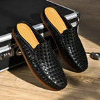 Woven Leather Half Loafer Mules Yellow Slip-On Men's Backless Shoes – Casual, Office
