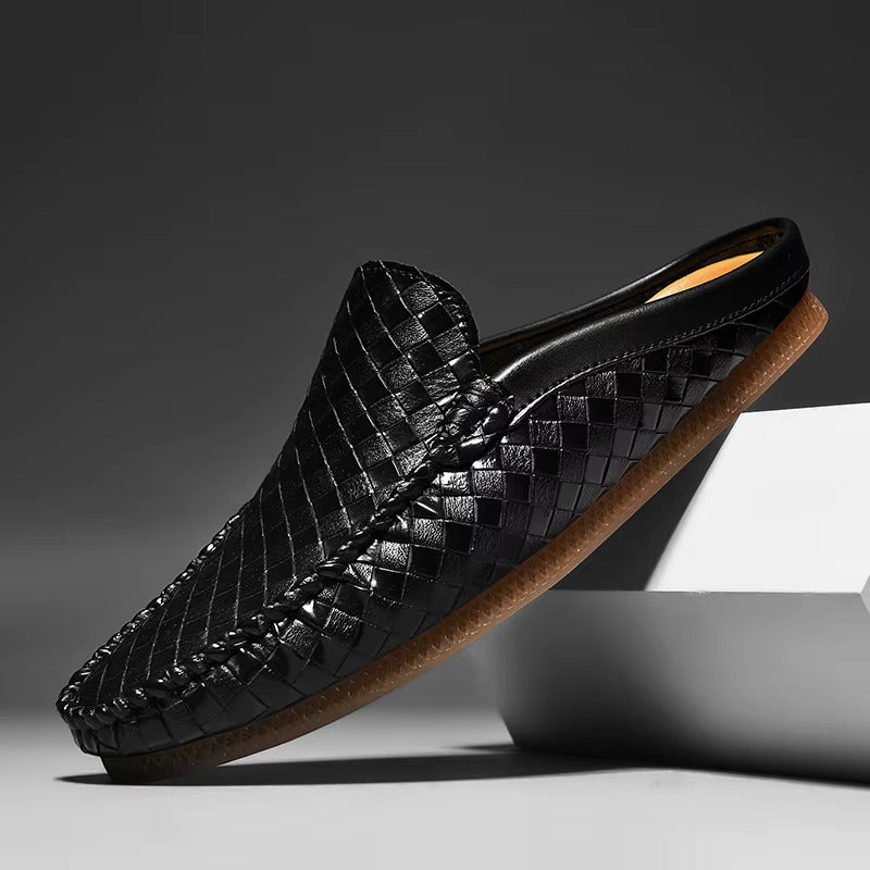 Woven Leather Half Loafer Mules Yellow Slip-On Men's Backless Shoes – Casual, Office