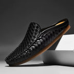Woven Leather Half Loafer Mules Yellow Slip-On Men's Backless Shoes – Casual, Office