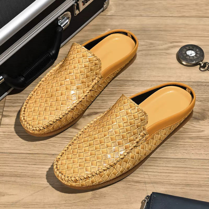 Woven Leather Half Loafer Mules Yellow Slip-On Men's Backless Shoes – Casual, Office