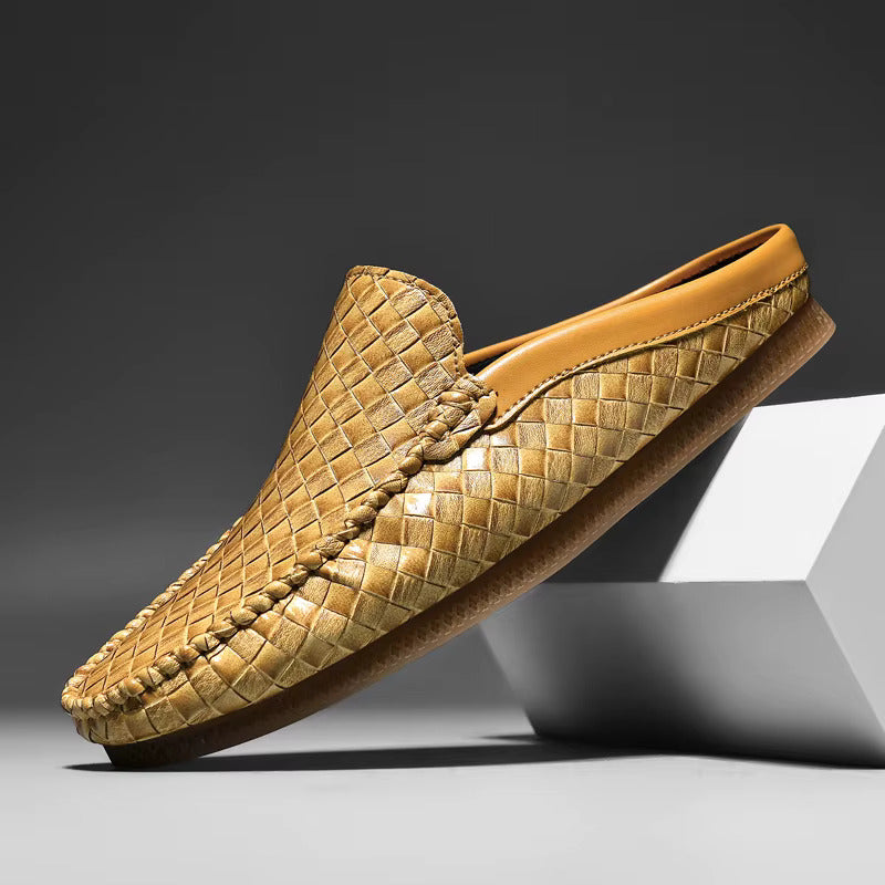 Woven Leather Half Loafer Mules Yellow Slip-On Men's Backless Shoes – Casual, Office