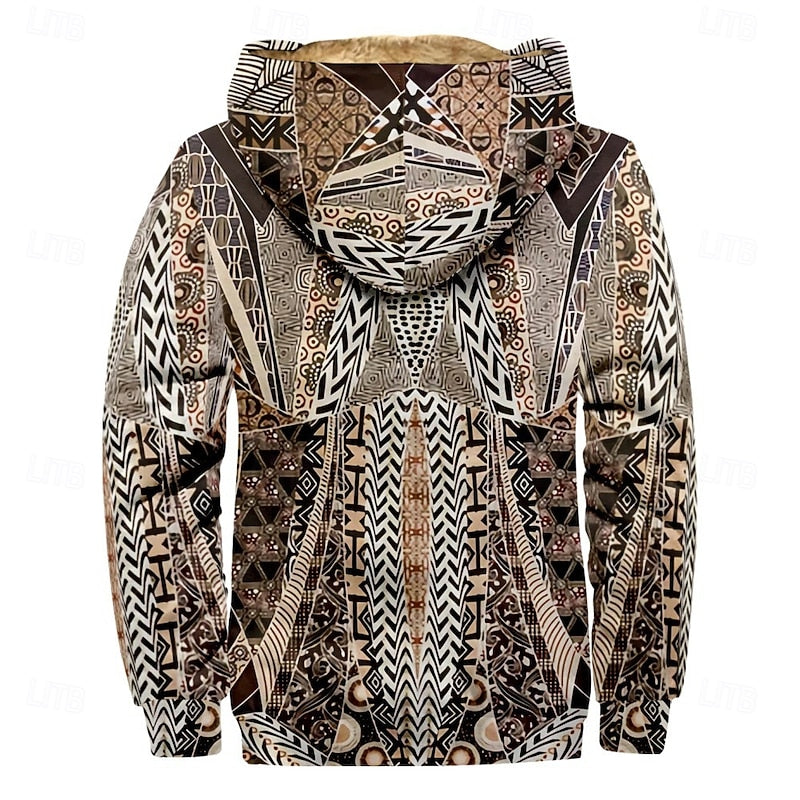 Zip Hooded Jacket Men's Fleece Lined Aztec Geometric Print – Casual, Winter Warm Outerwear Gift