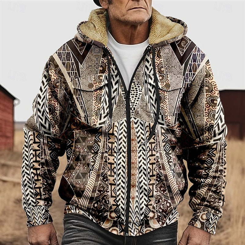 Zip Hooded Jacket Men's Fleece Lined Aztec Geometric Print – Casual, Winter Warm Outerwear Gift