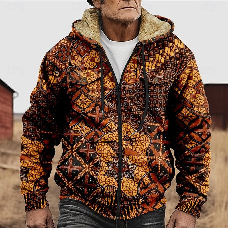 Zip Hooded Jacket Men's Fleece Lined Aztec Geometric Print – Casual, Winter Warm Outerwear Gift