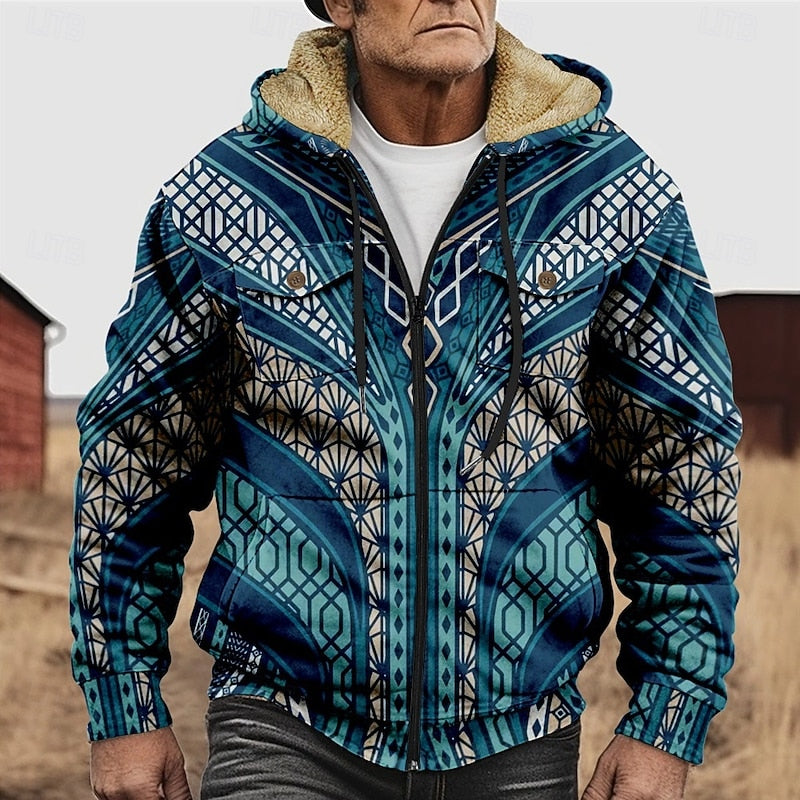 Zip Hooded Jacket Men's Fleece Lined Aztec Geometric Print – Casual, Winter Warm Outerwear Gift