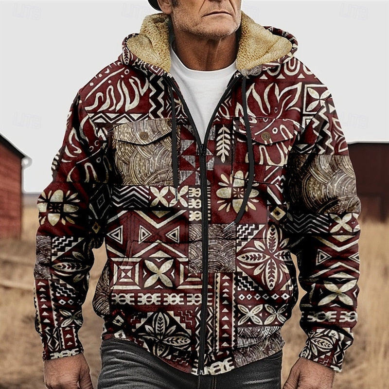 Zip Hooded Jacket Men's Fleece Lined Aztec Geometric Print – Casual, Winter Warm Outerwear Gift