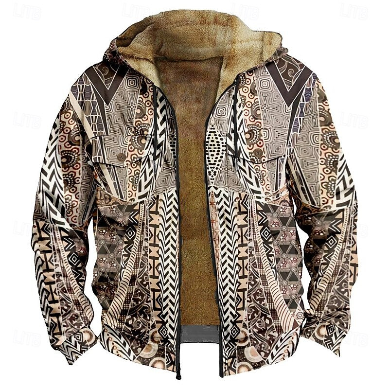 Zip Hooded Jacket Men's Fleece Lined Aztec Geometric Print – Casual, Winter Warm Outerwear Gift