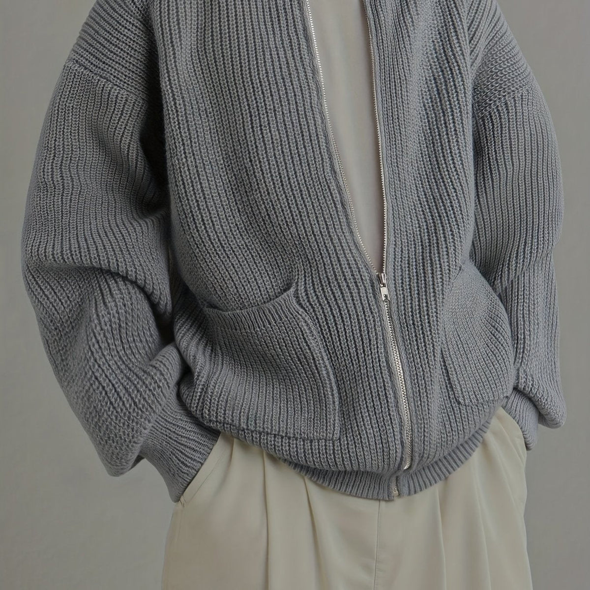Zip-Up Cardigan Knit Ribbed Gray Men's Relaxed Fit – Casual, Office · Faylori