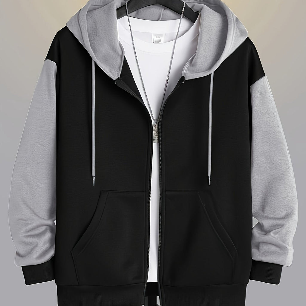 Zip-Up Hoodie Men's Color Block Black Brown Drawstring Kangaroo Pocket – Casual, Everyday, Gift