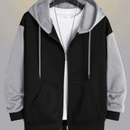 Zip-Up Hoodie Men's Color Block Black Brown Drawstring Kangaroo Pocket – Casual, Everyday, Gift