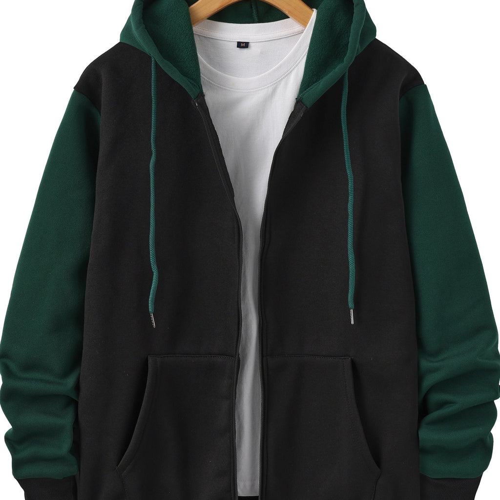 Zip-Up Hoodie Men's Color Block Black Brown Drawstring Kangaroo Pocket – Casual, Everyday, Gift