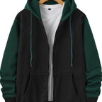 Zip-Up Hoodie Men's Color Block Black Brown Drawstring Kangaroo Pocket – Casual, Everyday, Gift