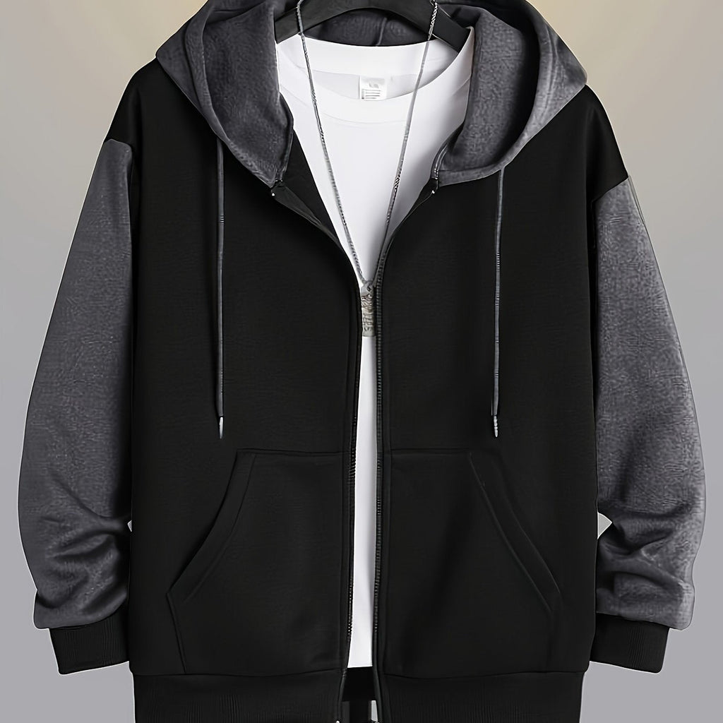 Zip-Up Hoodie Men's Color Block Black Brown Drawstring Kangaroo Pocket – Casual, Everyday, Gift