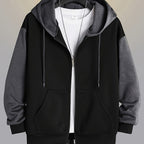Zip-Up Hoodie Men's Color Block Black Brown Drawstring Kangaroo Pocket – Casual, Everyday, Gift