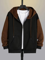 Zip-Up Hoodie Men's Color Block Black Brown Drawstring Kangaroo Pocket – Casual, Everyday, Gift