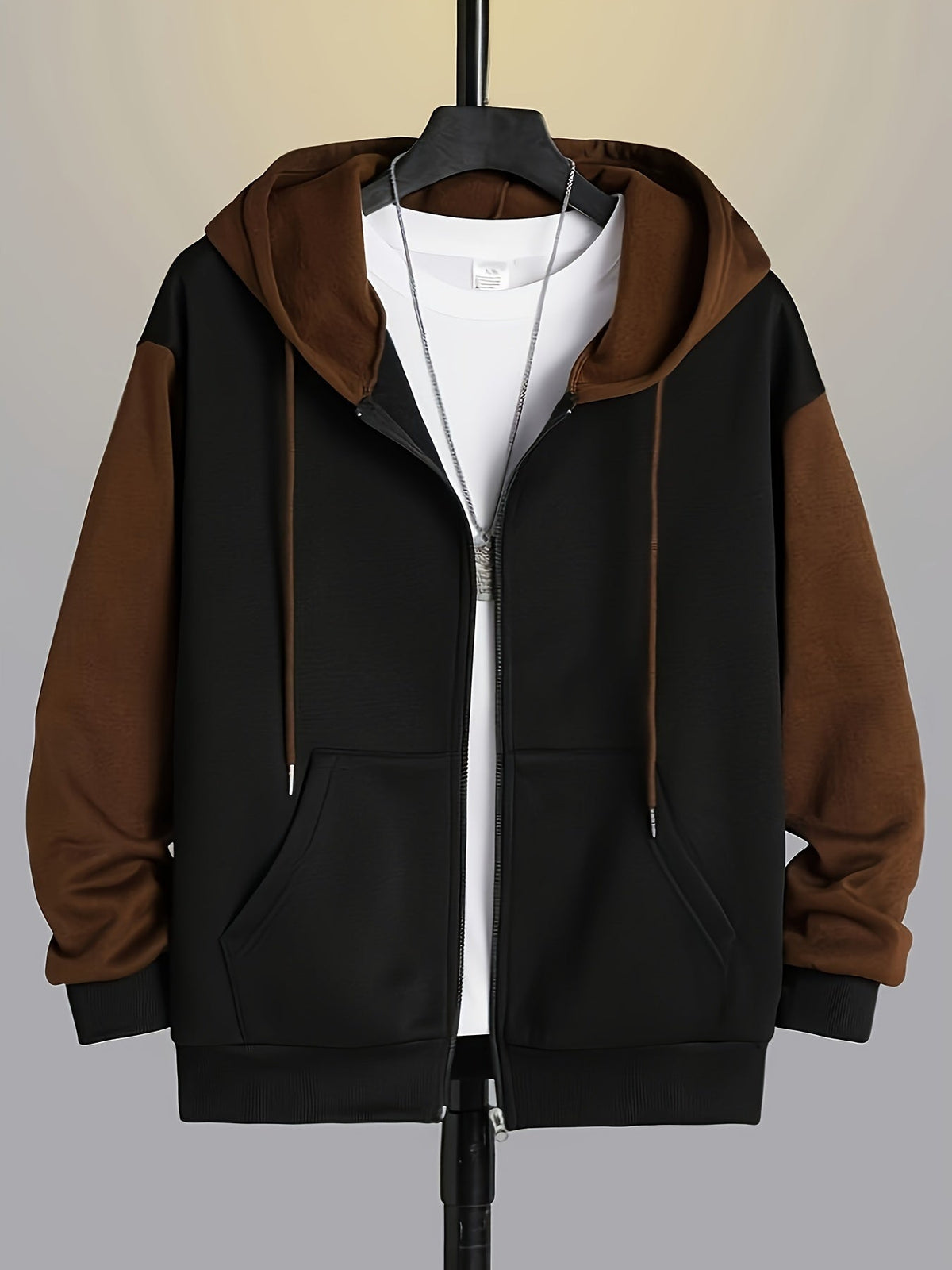 Zip-Up Hoodie Men's Color Block Black Brown Drawstring Kangaroo Pocket – Casual, Everyday, Gift