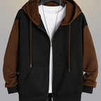 Zip-Up Hoodie Men's Color Block Black Brown Drawstring Kangaroo Pocket – Casual, Everyday, Gift