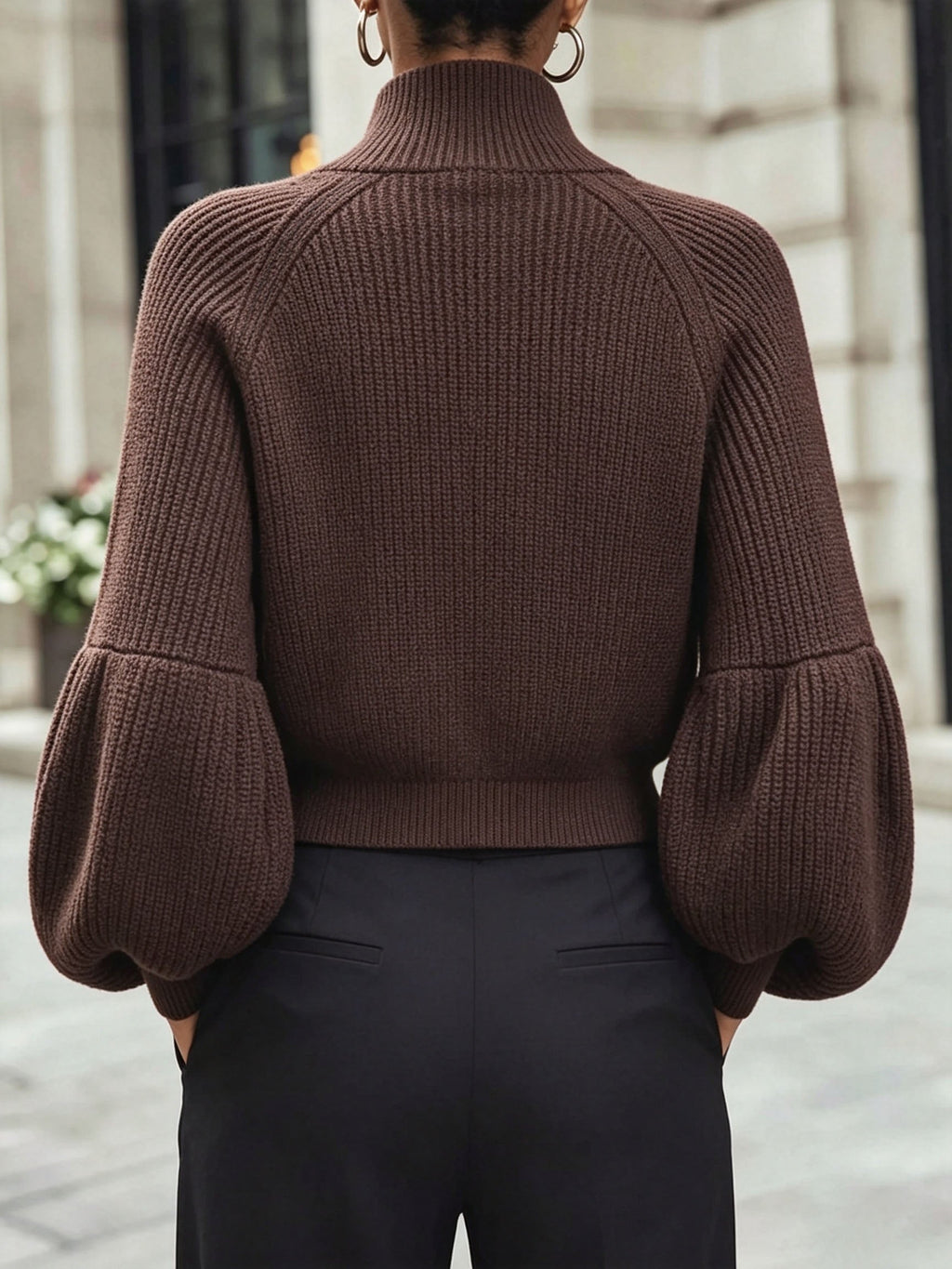 Zip-Up Ribbed Knit Cardigan Women's Puff Sleeve Stand Collar Sweater – Casual, Office